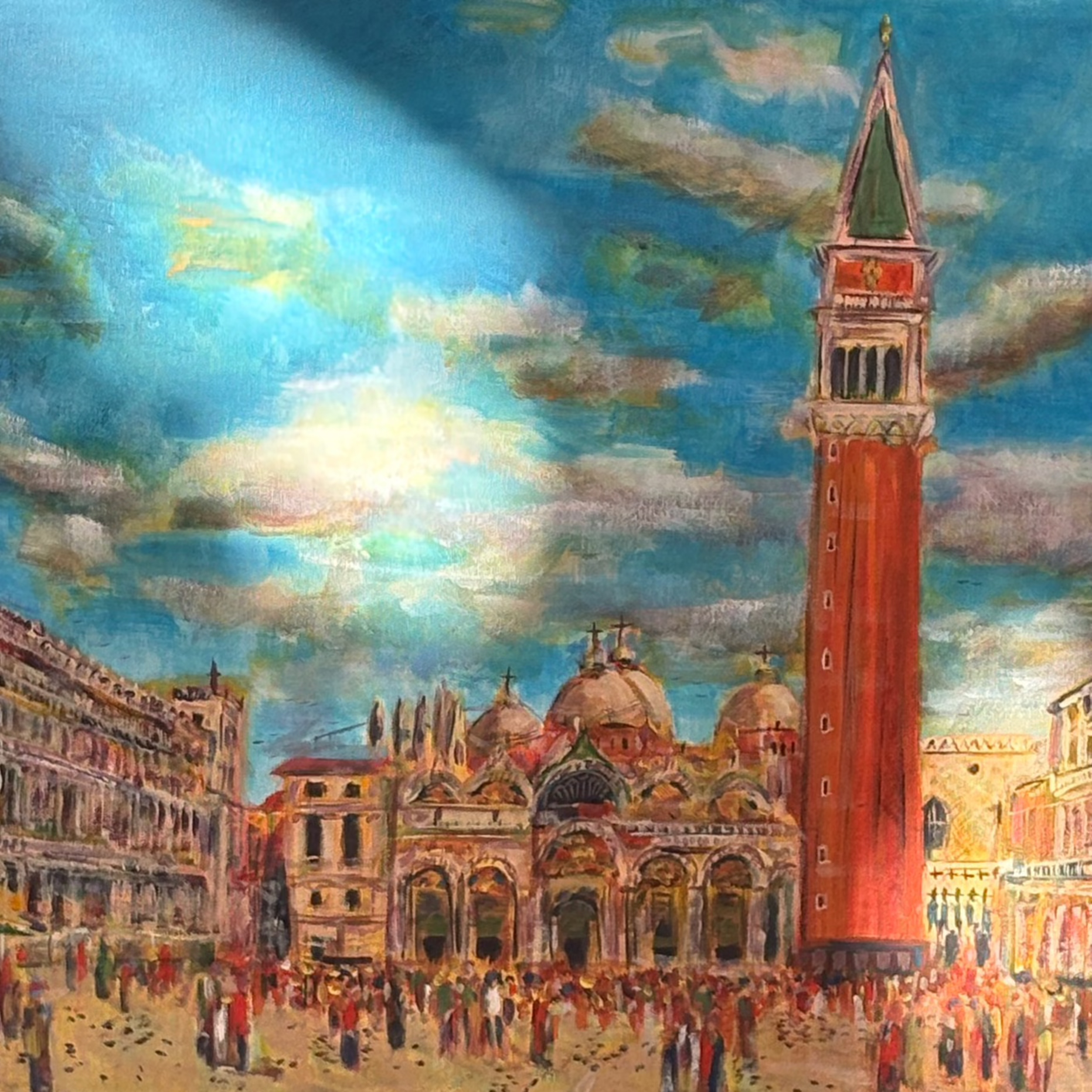 A hand-painted cityscape of Venice’s Piazza San Marco, featuring the iconic Campanile bell tower, St. Mark’s Basilica, and surrounding historic architecture under a vibrant blue sky with swirling clouds