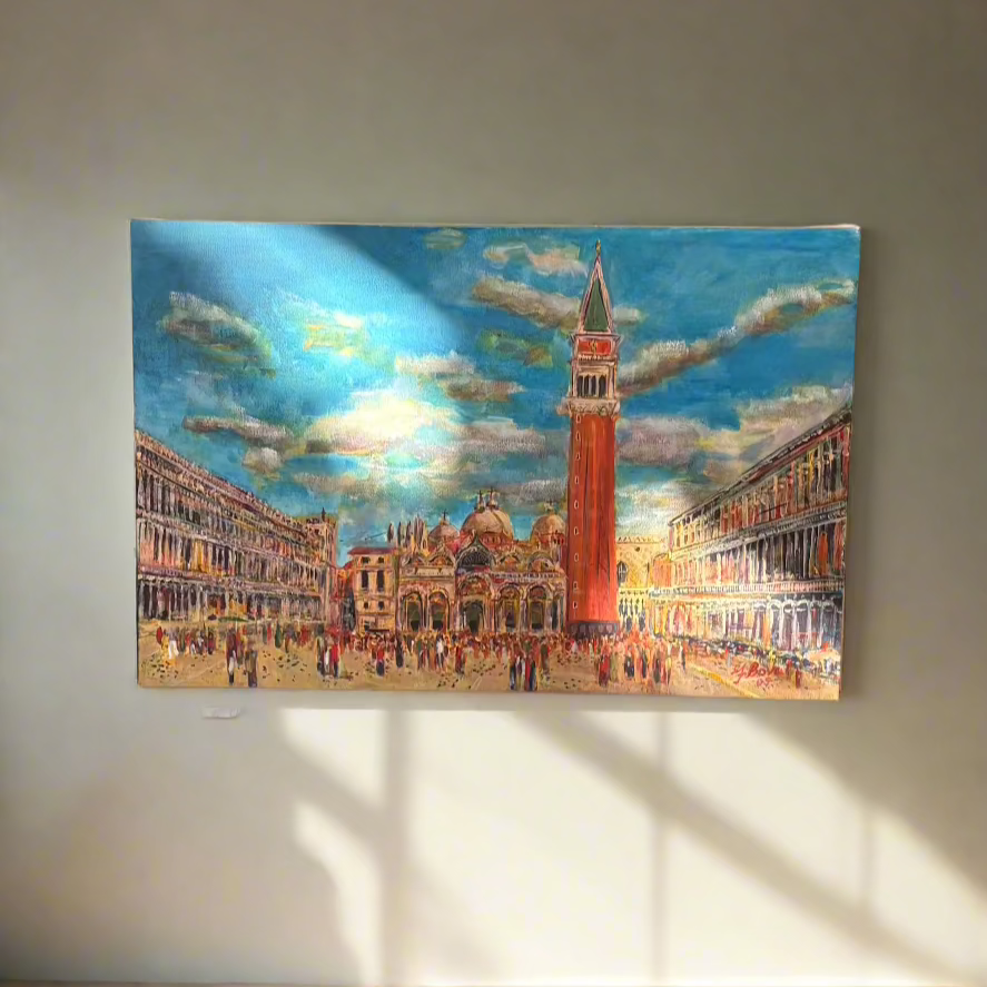 A hand-painted cityscape of Venice’s Piazza San Marco, featuring the iconic Campanile bell tower, St. Mark’s Basilica, and surrounding historic architecture under a vibrant blue sky with swirling clouds