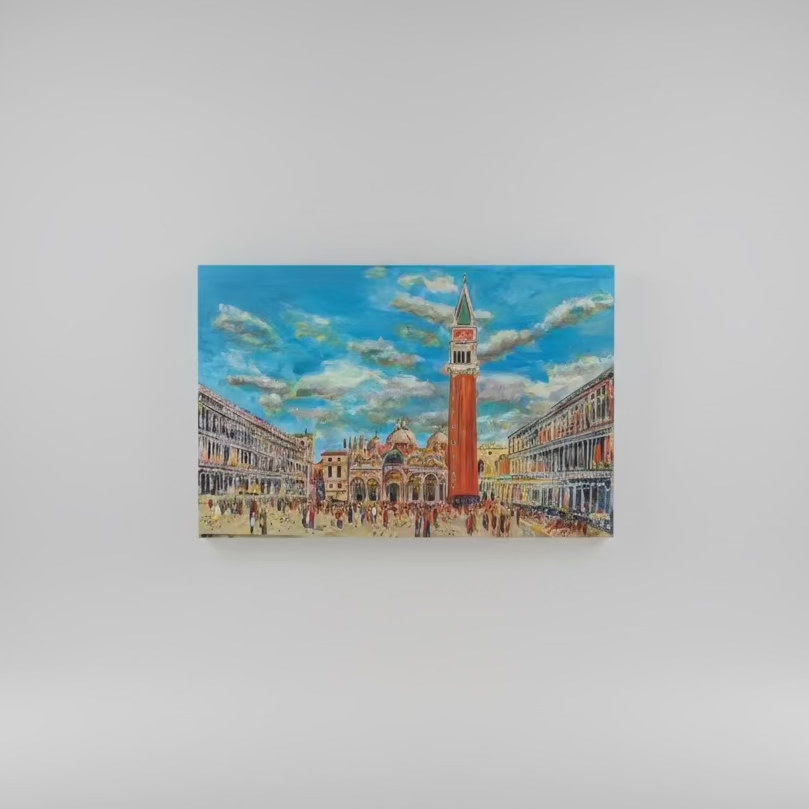 A hand-painted cityscape of Venice’s Piazza San Marco, featuring the iconic Campanile bell tower, St. Mark’s Basilica, and surrounding historic architecture under a vibrant blue sky with swirling clouds