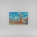A hand-painted cityscape of Venice’s Piazza San Marco, featuring the iconic Campanile bell tower, St. Mark’s Basilica, and surrounding historic architecture under a vibrant blue sky with swirling clouds