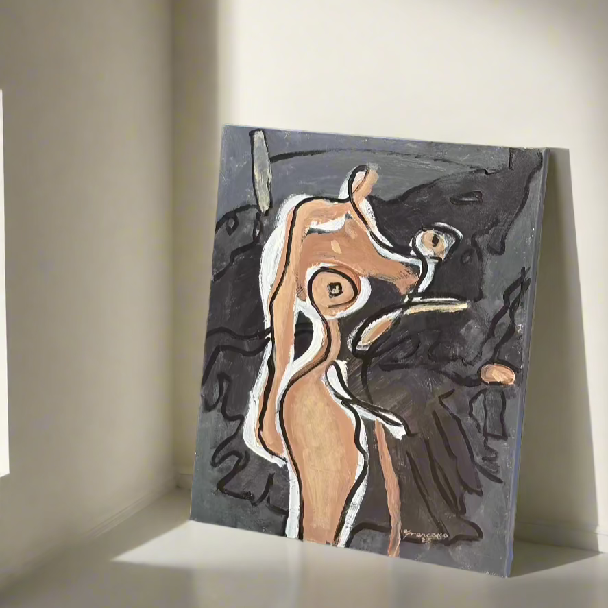 Ethereal Muse - Sofa by design An abstract nude painting featuring a stylized female figure in earthy browns and whites, set against a dark, expressive background with fluid brushstrokes.