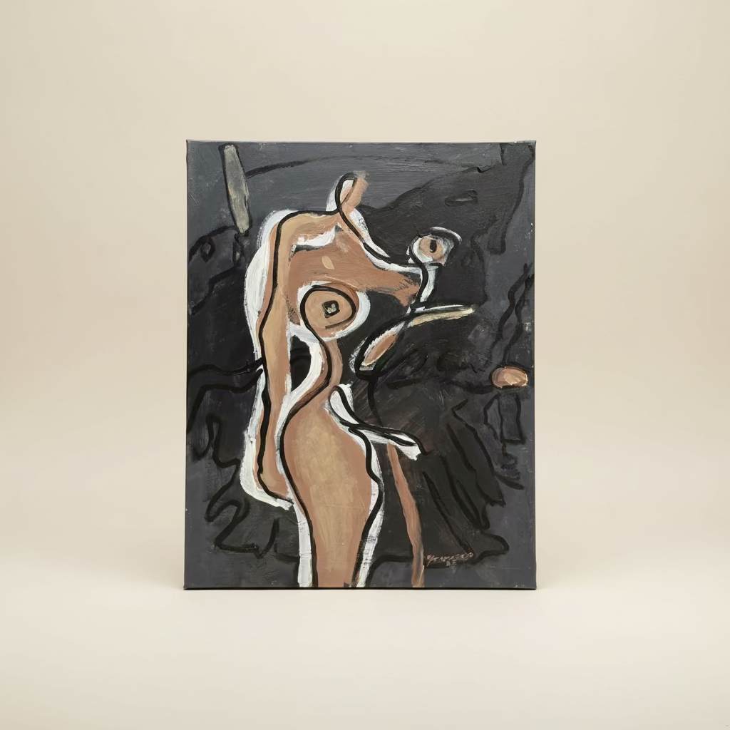 Ethereal Muse - Sofa by design An abstract nude painting featuring a stylized female figure in earthy browns and whites, set against a dark, expressive background with fluid brushstrokes.