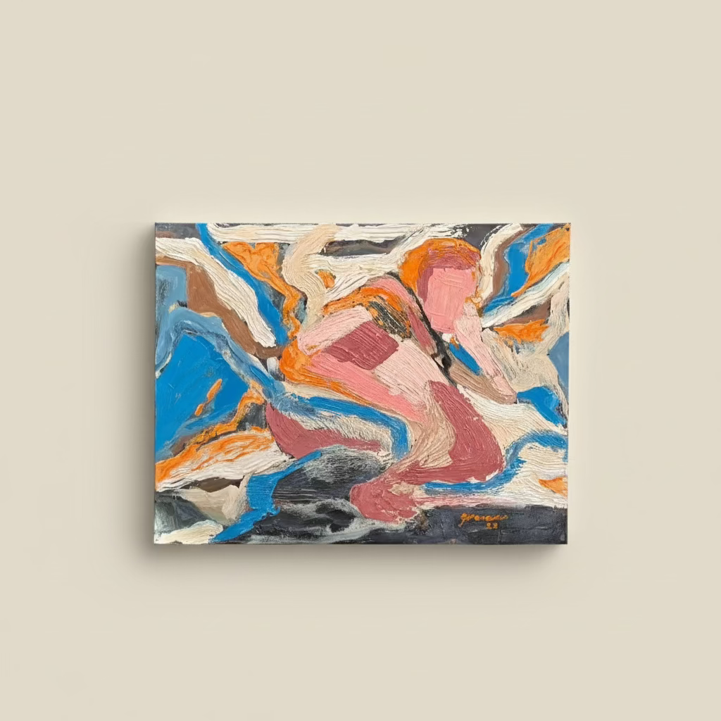 A hand-painted abstract figurative painting featuring a textured composition of swirling blues, oranges, browns, and neutral tones. A human figure is depicted in an expressive pose, surrounded by dynamic brushstrokes resembling natural forces.