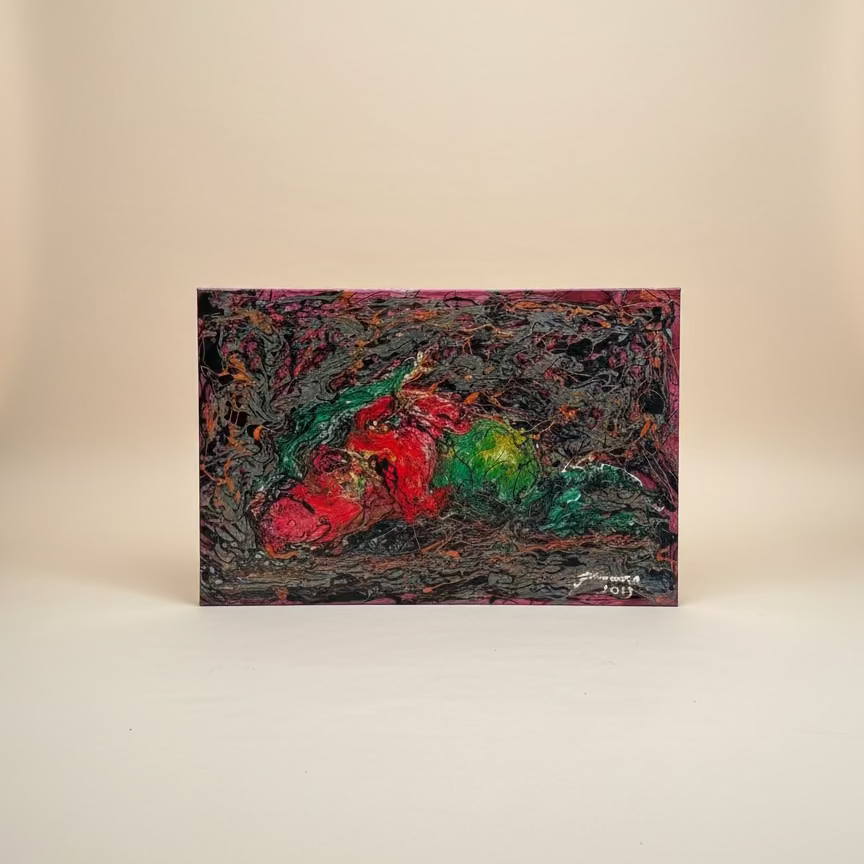 A striking still life painting of fruit, created with acrylic and enamel paint on canvas. Vibrant red, green, and golden tones emerge from a textured dark background, blending realism with expressive abstraction