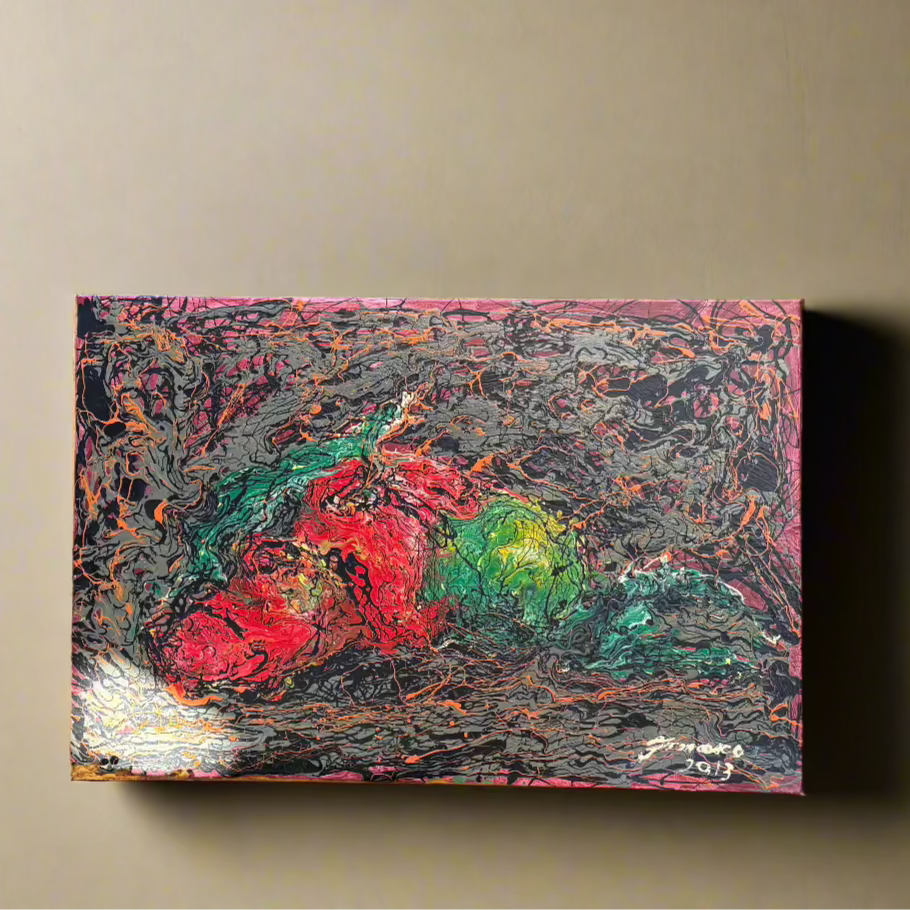 A striking still life painting of fruit, created with acrylic and enamel paint on canvas. Vibrant red, green, and golden tones emerge from a textured dark background, blending realism with expressive abstraction