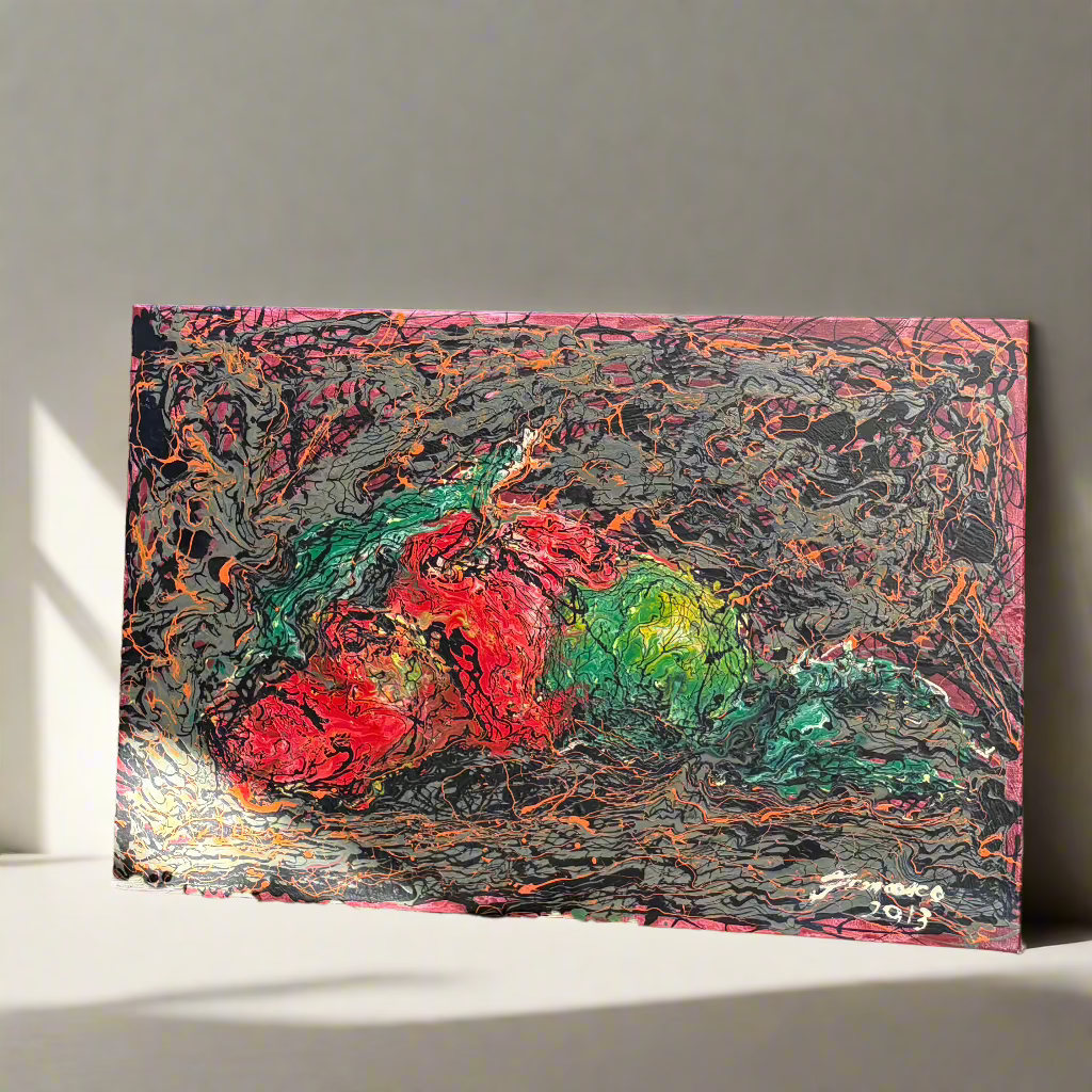 A striking still life painting of fruit, created with acrylic and enamel paint on canvas. Vibrant red, green, and golden tones emerge from a textured dark background, blending realism with expressive abstraction