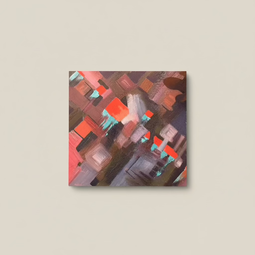 A modern abstract painting featuring geometric shapes in deep brown, red, and turquoise tones. Layered textures and bold brushstrokes create a dynamic, cityscape-inspired composition