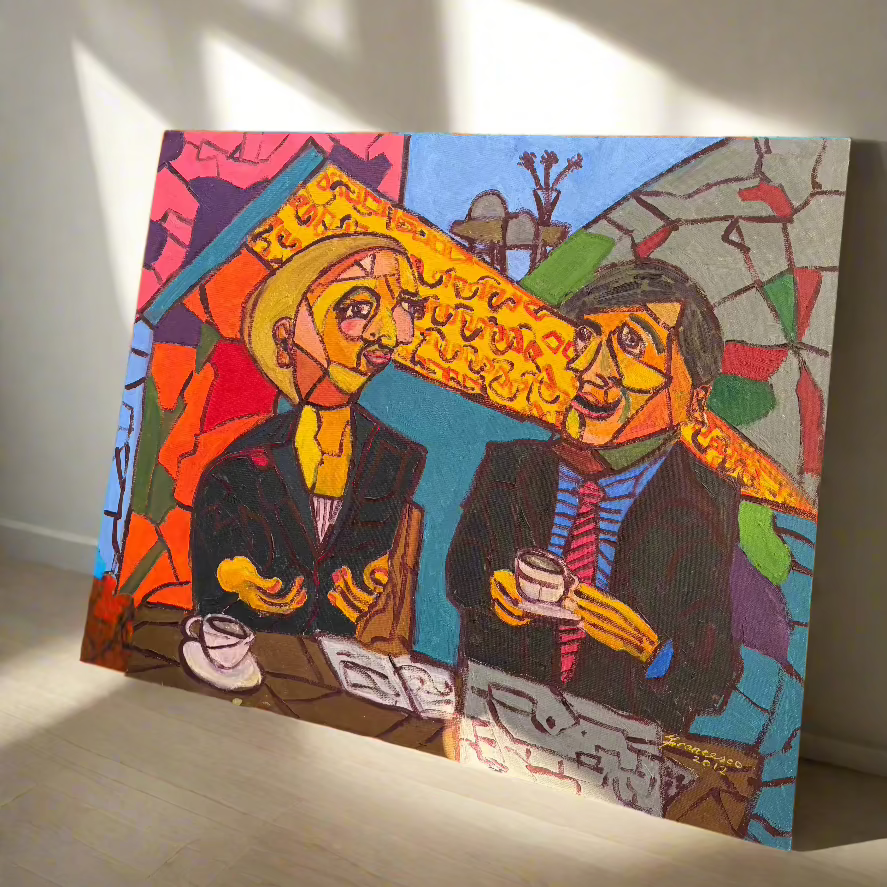 A bold and vibrant cubist painting featuring two figures engaged in conversation over coffee at a café. The artwork is rich with geometric shapes, expressive faces, and a striking colour palette of reds, yellows, and blues, evoking a lively and intellectual atmosphere.