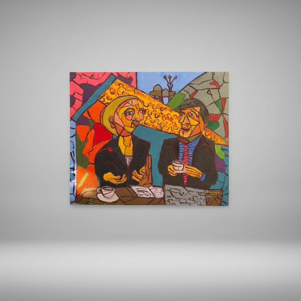 A bold and vibrant cubist painting featuring two figures engaged in conversation over coffee at a café. The artwork is rich with geometric shapes, expressive faces, and a striking colour palette of reds, yellows, and blues, evoking a lively and intellectual atmosphere.