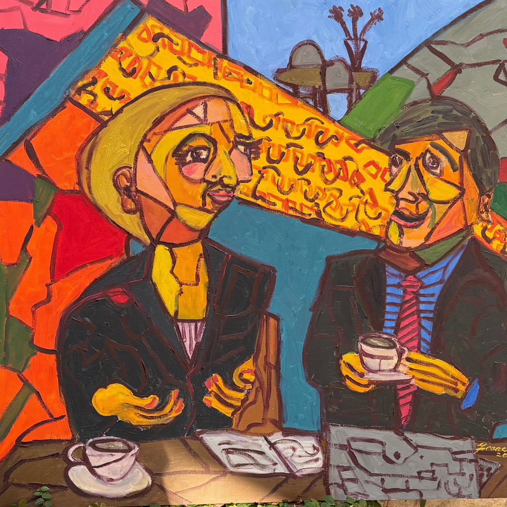 A bold and vibrant cubist painting featuring two figures engaged in conversation over coffee at a café. The artwork is rich with geometric shapes, expressive faces, and a striking colour palette of reds, yellows, and blues, evoking a lively and intellectual atmosphere.