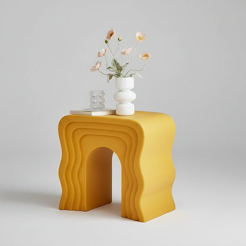 Wavy Modern Yellow Stool | Sculptural Side Table | Bold Retro Accent Seat Sofa By Design