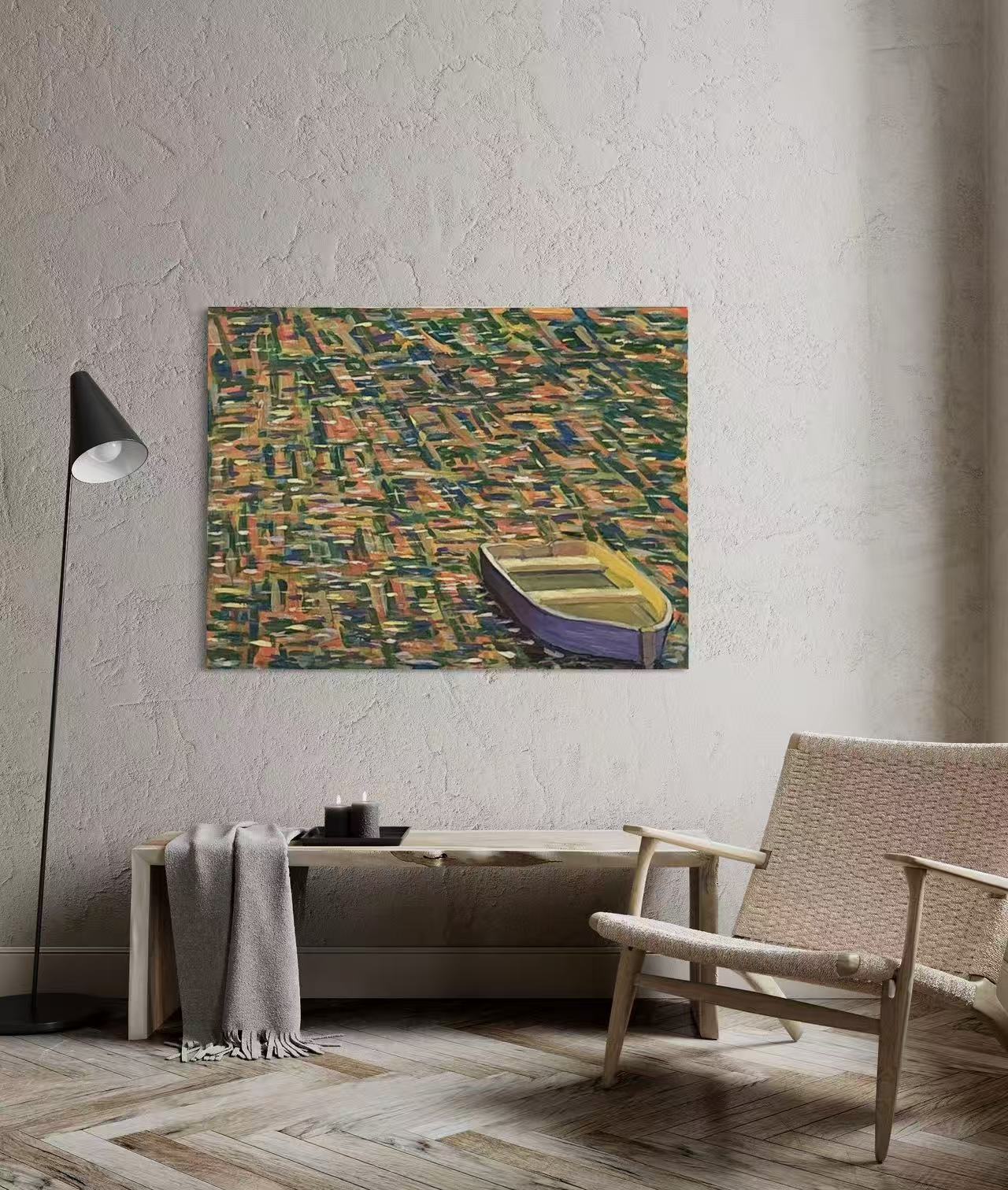 "The Fisherman’s Boat." - hand-painted boat scene Dawn's Reflection oil painting Sofa By Design