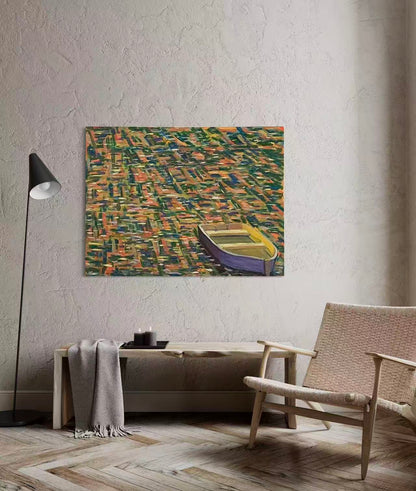 "The Fisherman’s Boat." - hand-painted boat scene Dawn's Reflection oil painting Sofa By Design