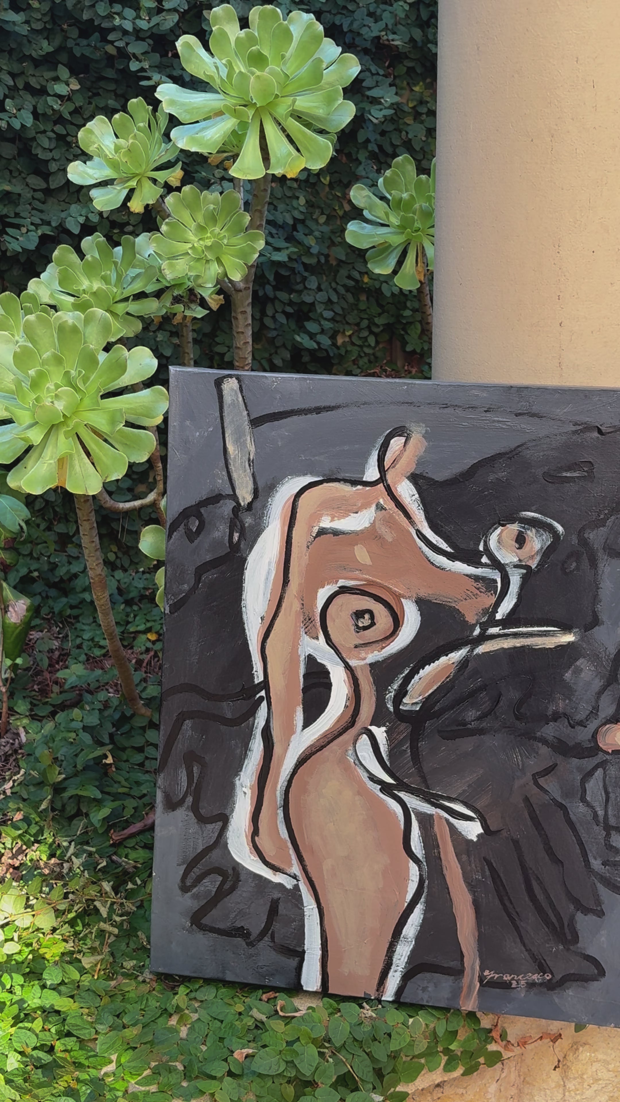 An abstract nude painting featuring a stylized female figure in earthy browns and whites, set against a dark, expressive background with fluid brushstrokes.